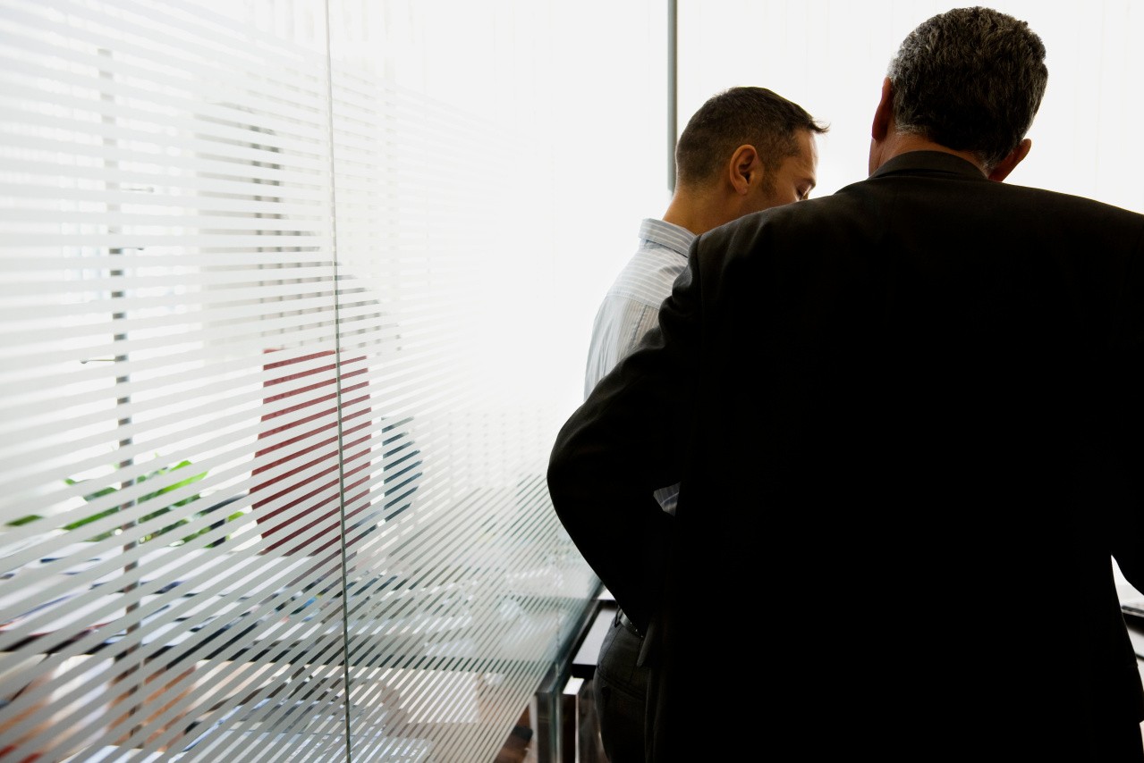 Zwei Männer stehen in einem Büro, rückwärtige Ansicht.